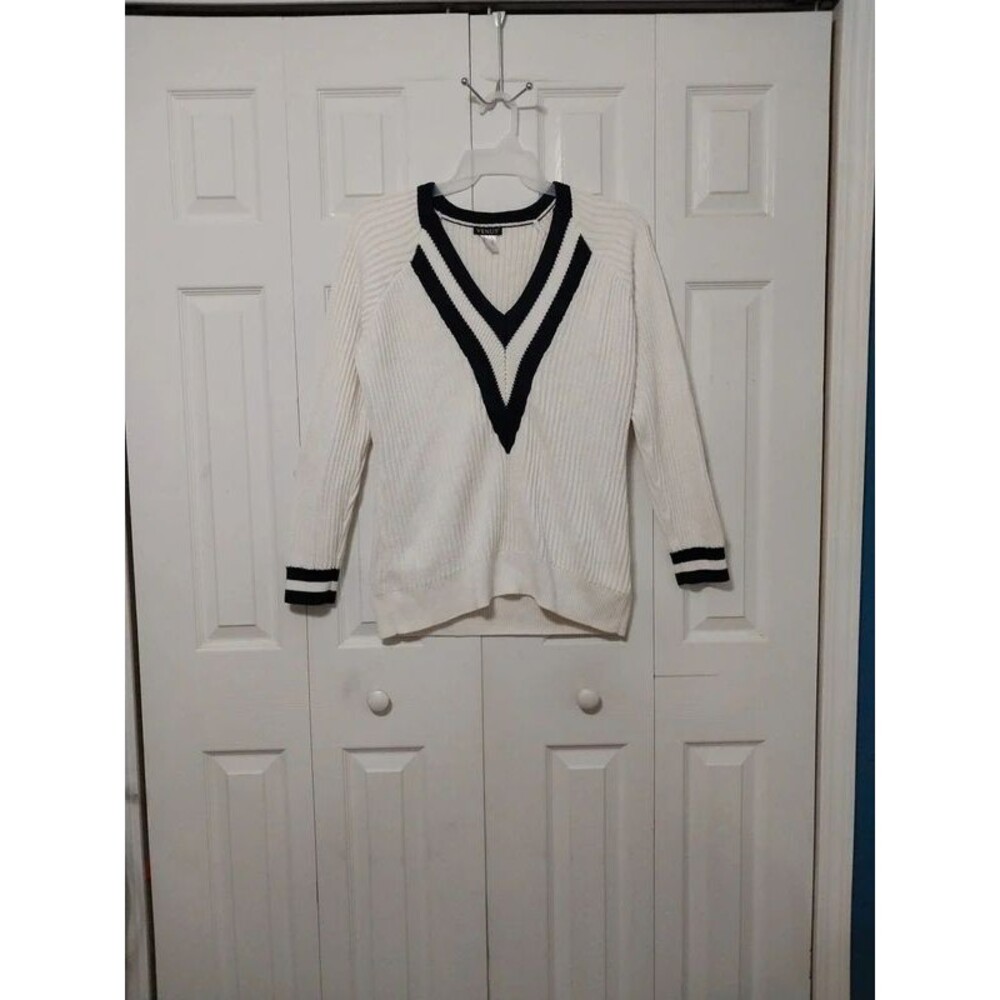 White Sweater XL Varsity V Neck Cable Ribbed Knit Navy Stripe Preppy Tennis Core